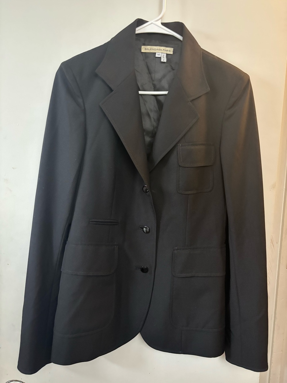 Balenciaga Paris Black 3 Button Wool Blend Silk Lined Blazer Jacket Size 42
